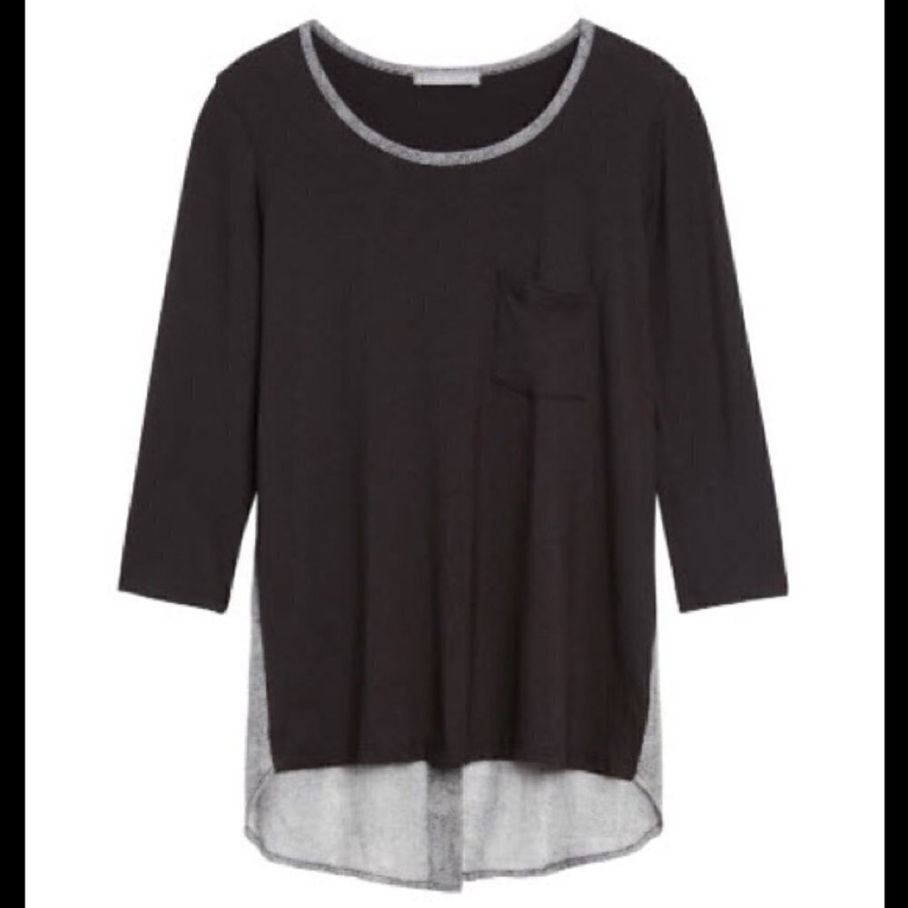 Loveappella Stitch Fix Women's Mani Button Mixed Media Knit Top Black Gray Scoop
